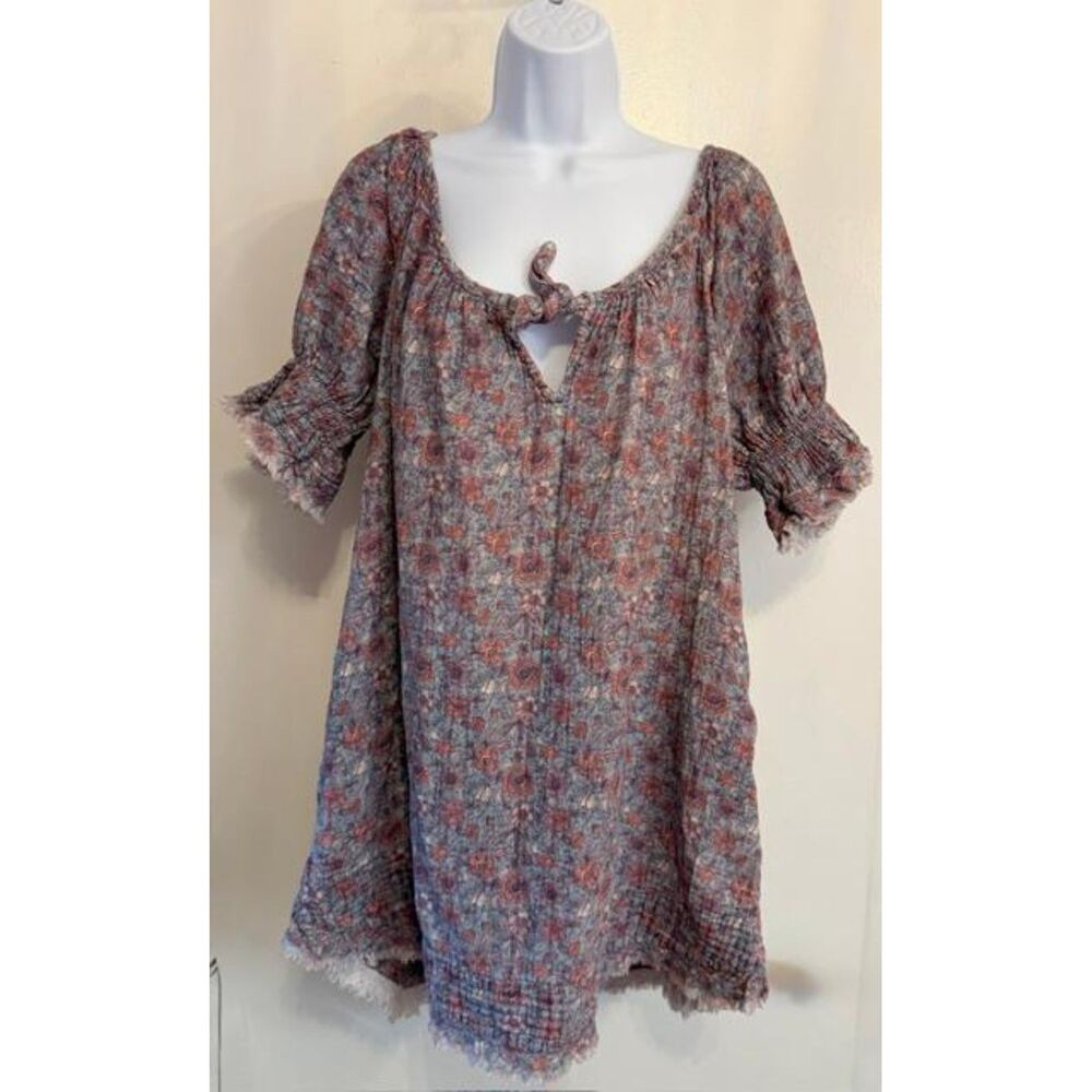 Natural Life Boho Floral Mini Dress L/XL Blue Cotton Peasant Tie Neck Pockets